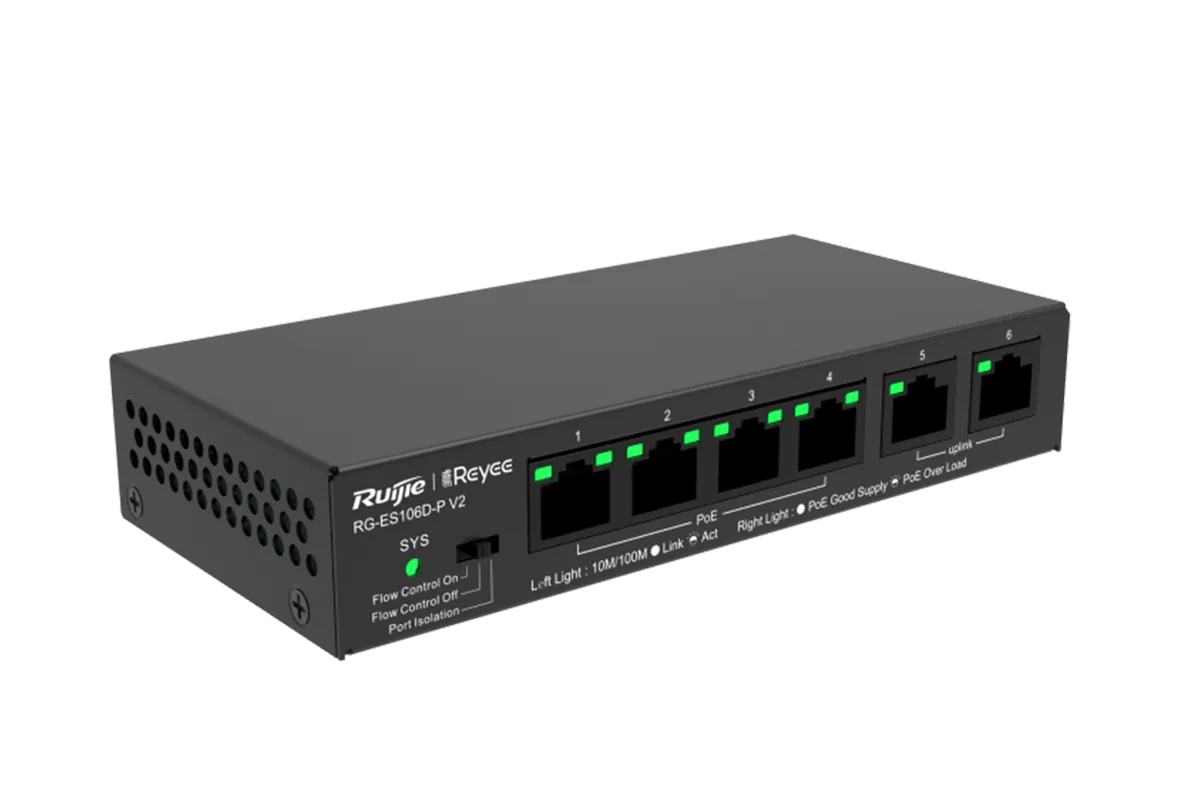 Reyee RG-ES106D-P 6 Portlu, 10/100 Fast Ethernet, Tak Çalıştır Switch, 2 Fast Ethernet Uplink, 4 Port PoE+ (58W)